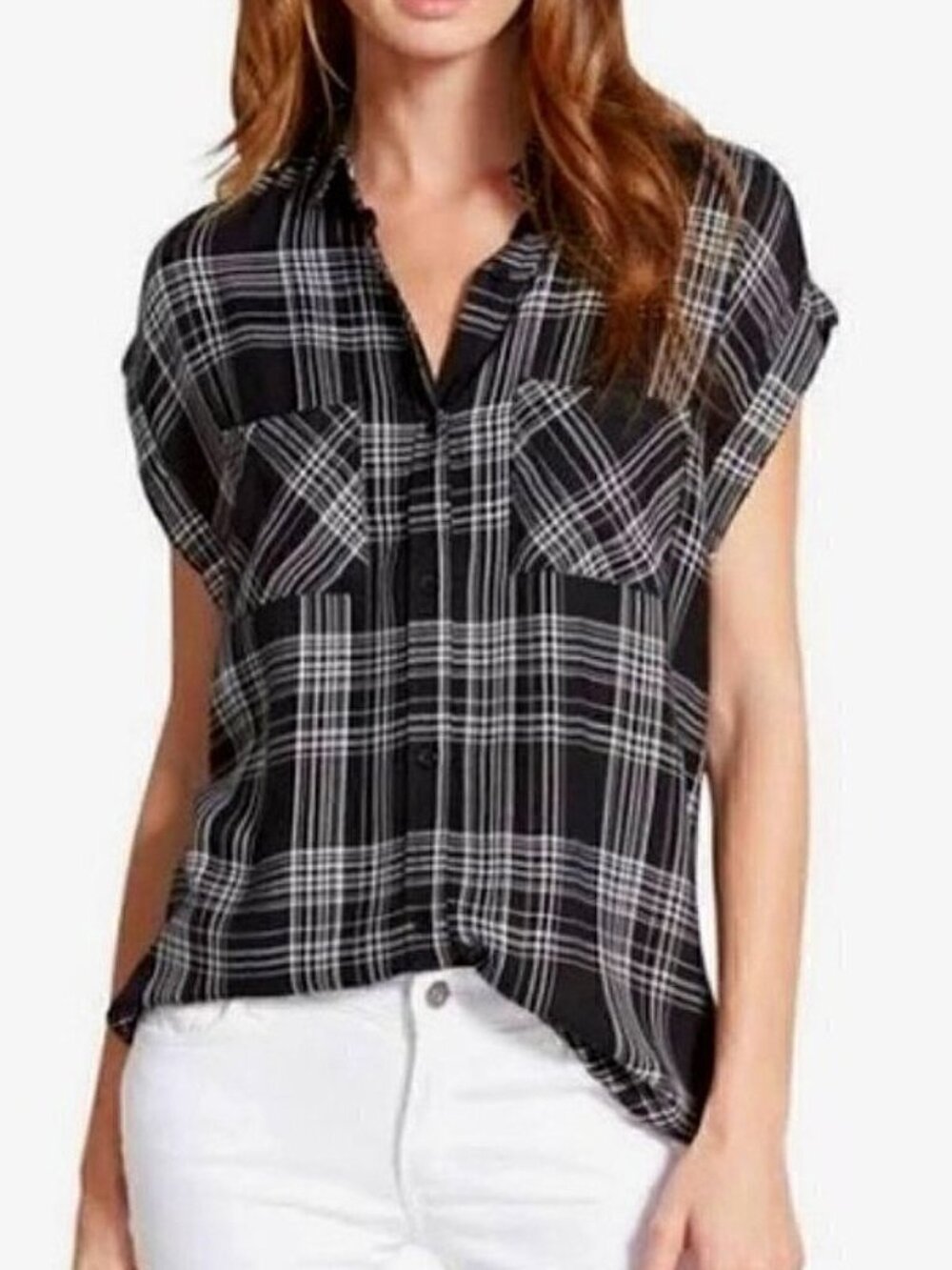 Rails Britt Cap Sleeves Flannel Shirt Button Down Top Black White Size XS $128 - Picture 15 of 15